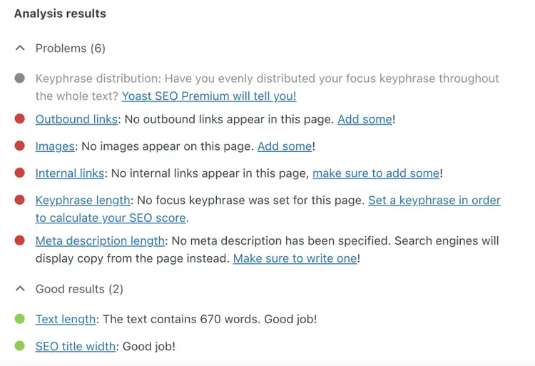 La página "Resultados del análisis" de Yoast SEO identifica los problemas relacionados con el SEO en tu contenido