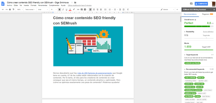 Contenido SEO Friendly - Asistente escritura SEMrush
