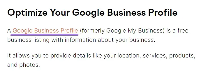 "Optimiza tu perfil de Google Business" H2 con "Google My Business" resaltado en el texto de anclaje