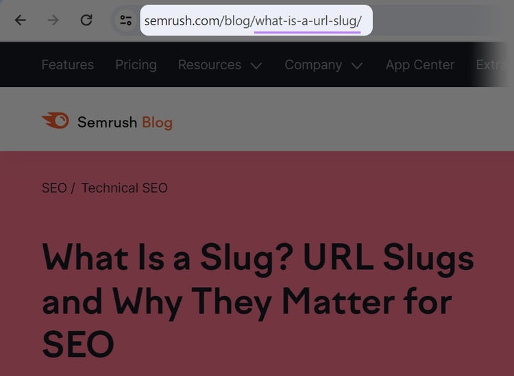 Ejemplo de un slug de URL resaltado en un navegador