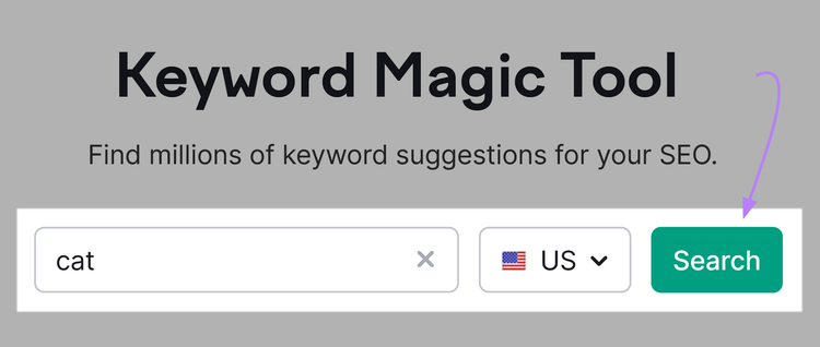 Página principal de la herramienta Keyword Magic Tool con el término “gato” introducido y el botón de “buscar” resaltado.
