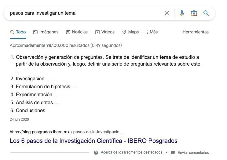 Resultados búsqueda Google: pasos para investigar un tema, 98,1 millones resultados