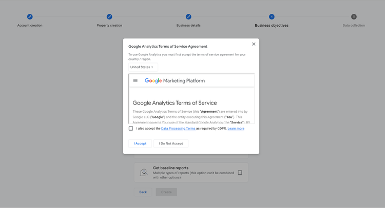 Acuerdo de "Condiciones del servicio" de Google Analytics, que describe las políticas de recopilación de datos y las condiciones de procesamiento.