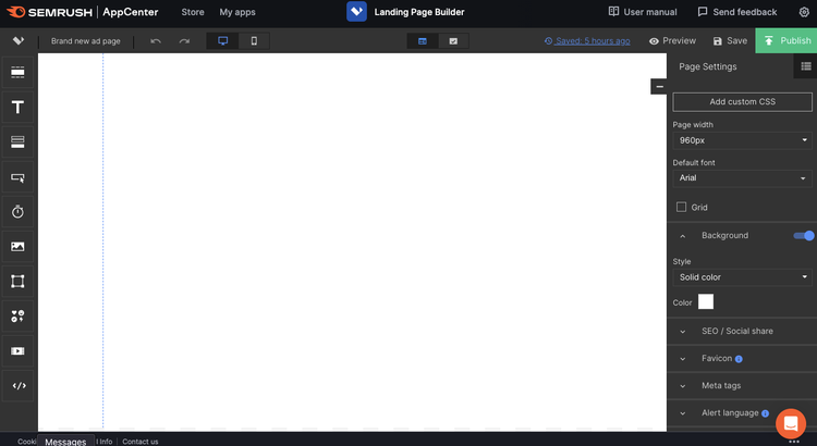 Landing Page Builder editor interface with content blocks menu and page settings panel