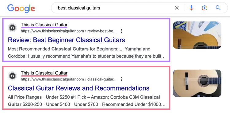 La SERP de Google muestra dos resultados de la página "This is Classical Guitar" para la consulta "mejores guitarras clásicas
