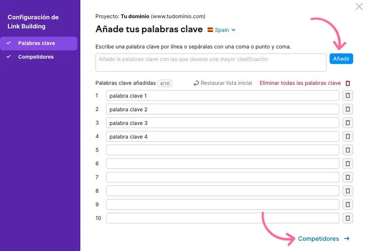 Diálogo Semrush Link Building agregar 4 palabras clave objetivo