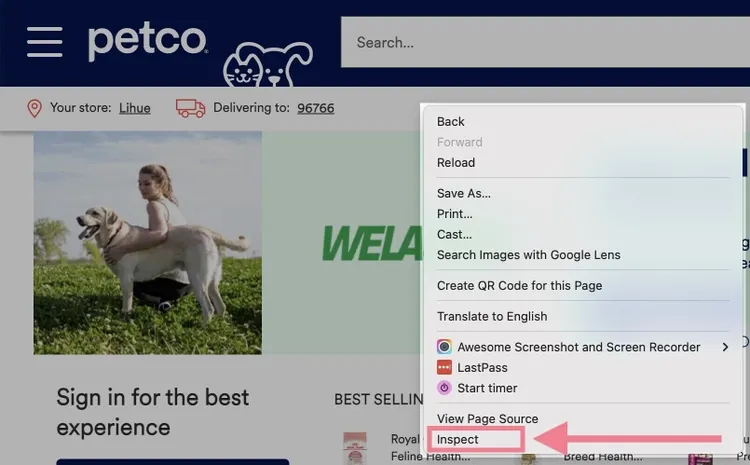 Menú contexto Chrome en sitio Petco mostrando Inspect y otras opciones