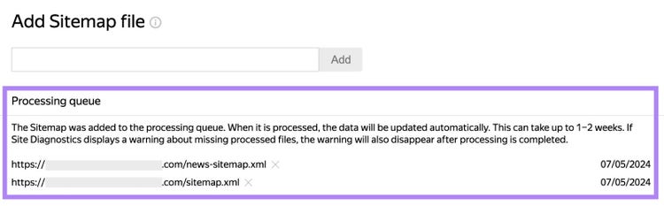 "Cola de procesamiento" en Yandex que muestra una lista de URL de mapas de sitio enviadas junto con la fecha de envío