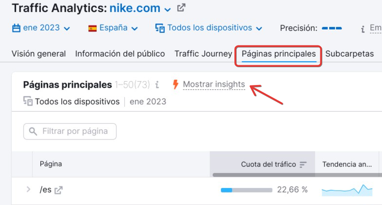 Reporte Traffic Analytics mostrando páginas principales de nike.com