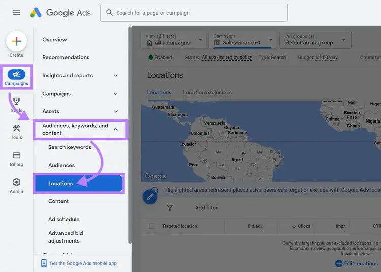 Navegar a "Ubicaciones" en la barra lateral de Google Ads