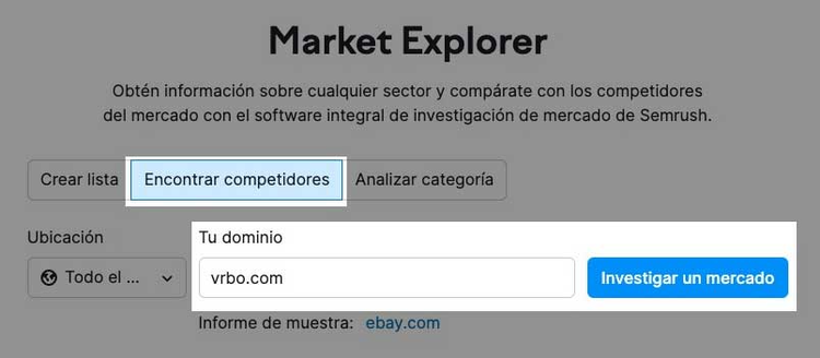 Interfaz Market Explorer con campo de dominio y botones para encontrar competidores