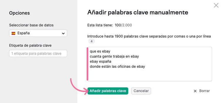 Añadir palabras clave manualmente en el Keyword Strategy Builder