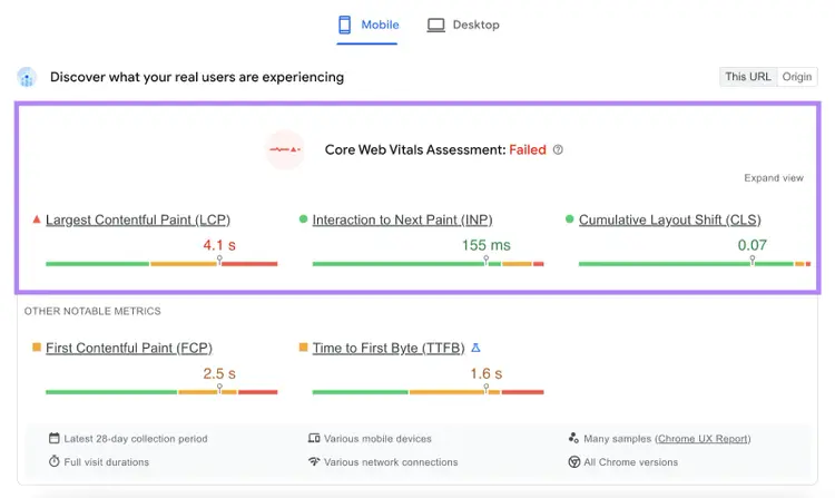la evaluación core web vitals muestra las métricas de velocidad de la página