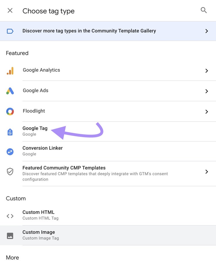 Opción "Google Tag" seleccionada en la ventana "Elegir tipo de etiqueta".