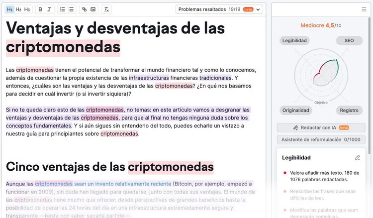 Editor contenido blog con panel legibilidad SEO mostrando puntuaciones