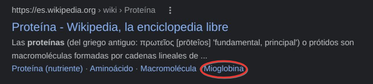 Página Wikipedia Proteína mostrando definición y enlaces a términos relacionados como Mioglobina