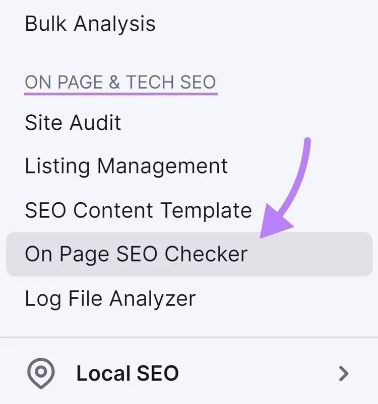Botón "On Page SEO Checker" en el menú de Semrush