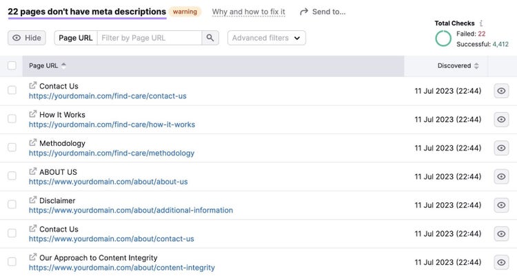 Una lista de páginas que no tienen meta descripción en la Auditoría del Sitio