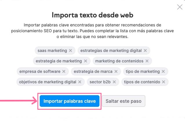Diálogo importar palabras clave para análisis de posicionamiento SEO