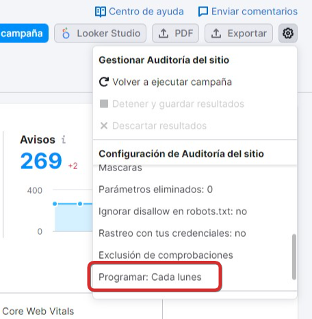 Site Audit settings menu showing 269 notices and audit configuration options