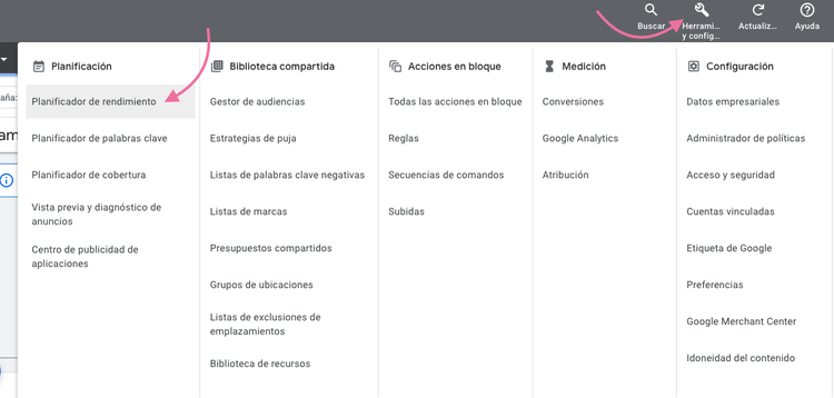 Planificador de palabras clave de Google Ads.