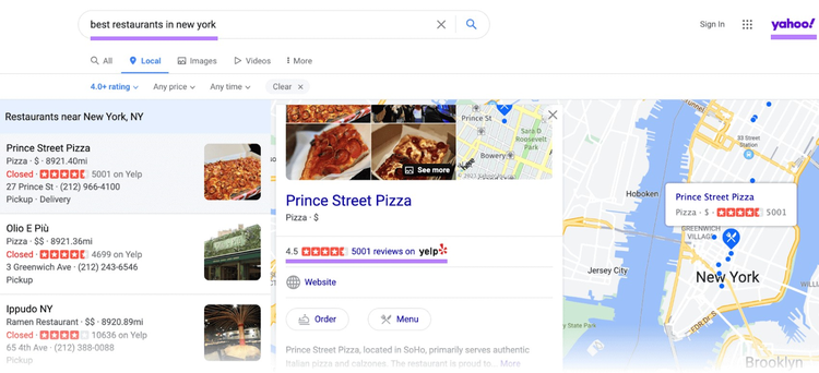 La valoración de Yelp aparece en los resultados de Yahoo para "mejores restaurantes de nueva york"