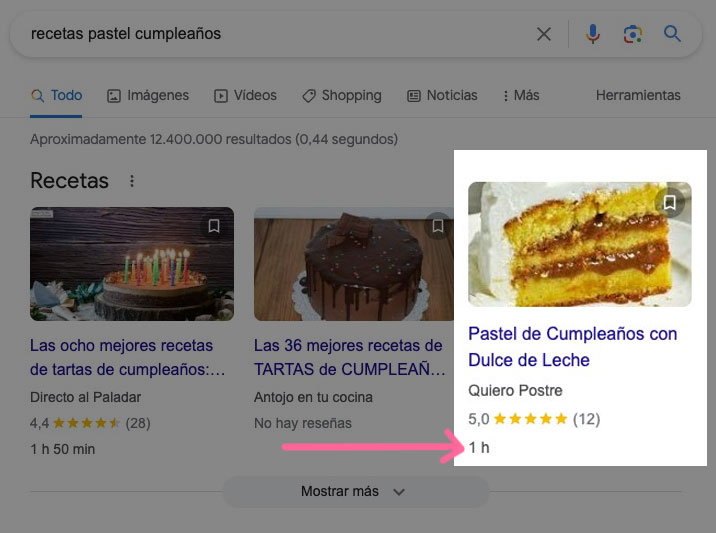 Resultados búsqueda Google recetas torrijas con valoraciones y tiempos