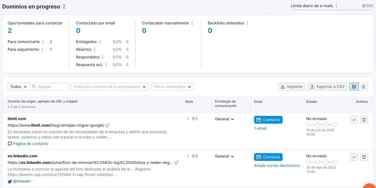Dominios en progreso: seguimiento de oportunidades backlinks con estado contacto