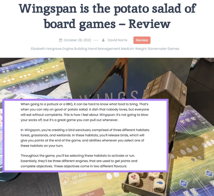 Artículo reseña juego de mesa Wingspan con foto y descripción