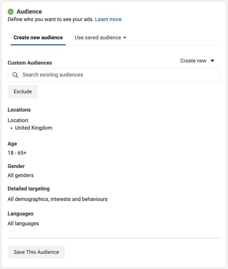 Sección "Crear nuevo público" en los anuncios de Facebook