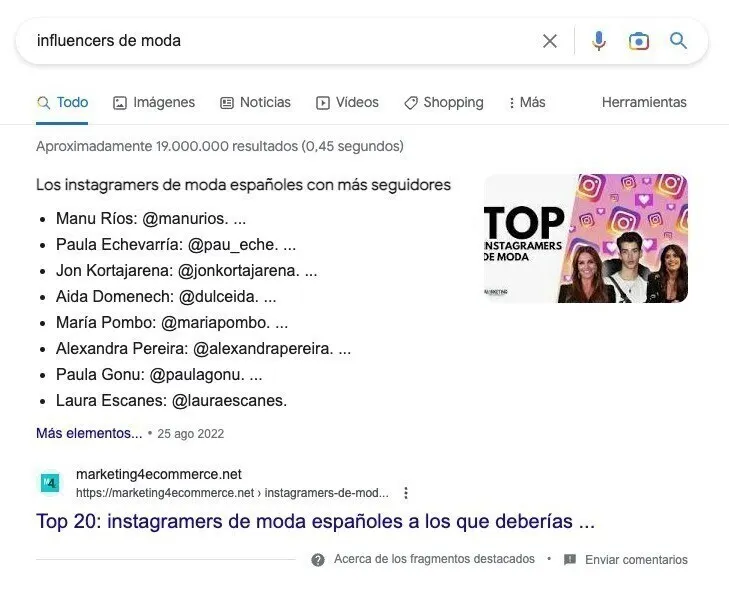 Resultados de búsqueda Google para influencers de moda