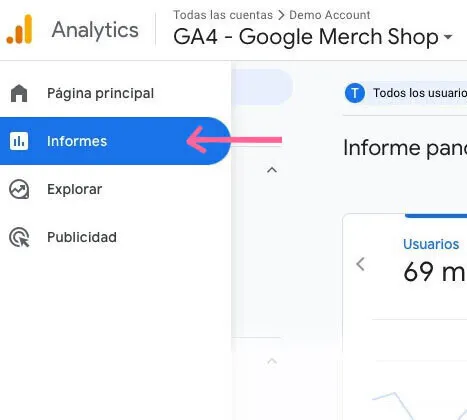 Menú izquierdo GA4 con opción Informes destacada con flecha rosa