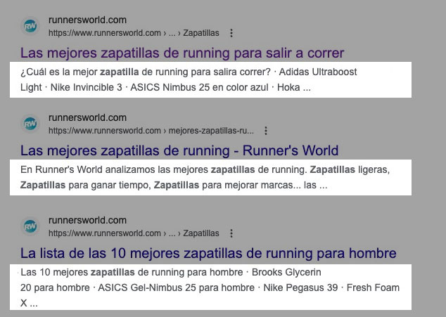 Resultados de búsqueda destacando fragmentos de meta descripciones sobre zapatos de running