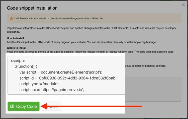 Diálogo de instalación de snippet de código JavaScript para PageImprove con botón Copiar código