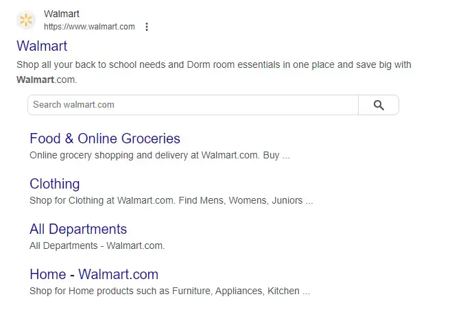 Resultado de Walmart en las SERP de Google