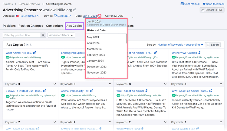 Informe de copias de anuncios con menú desplegable de datos expandido que muestra opciones en la herramienta de investigación publicitaria de Semrush.