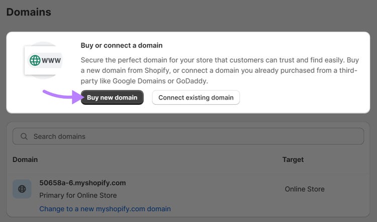 Botón "Comprar nuevo dominio" en la sección "Dominios" de la administración de Shopify