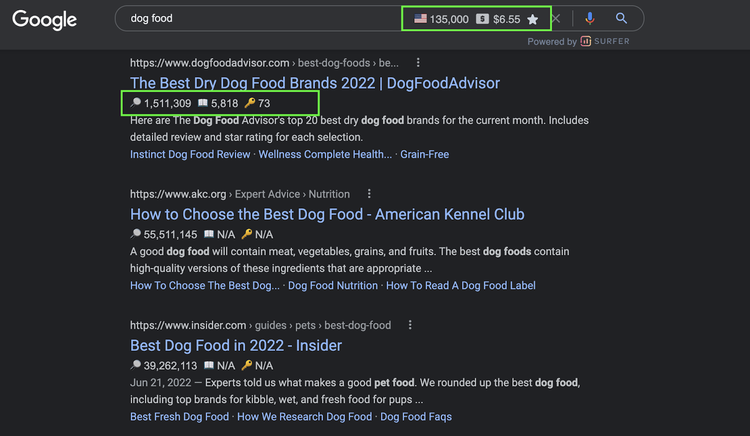 Screen Shot of a Google search with Keyword Surfer data overlayed