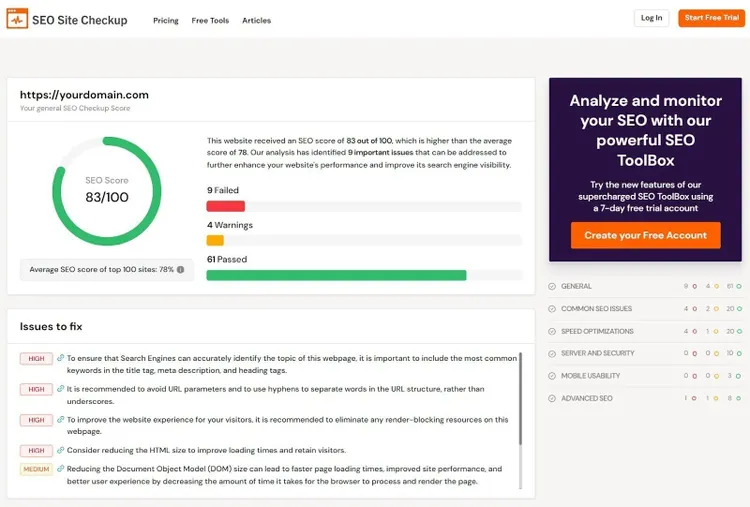 Tablero de control del sitio SEO