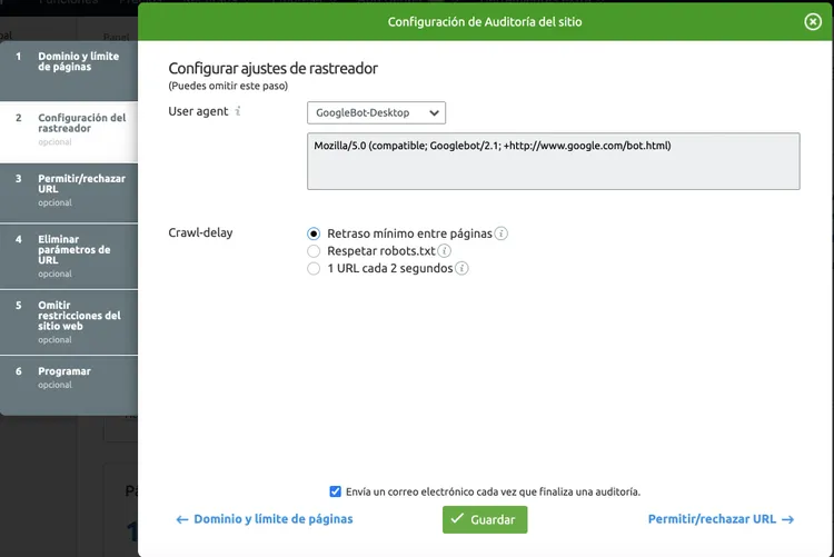 Configuración tipo bot Googlebot o SemrushBot