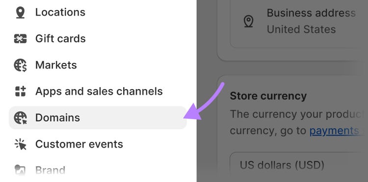 "Dominios" seleccionados en el panel de administración de Shopify