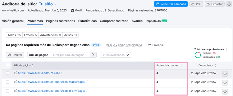 Lista de enlaces con una profundidad de rastreo alta en Semrush