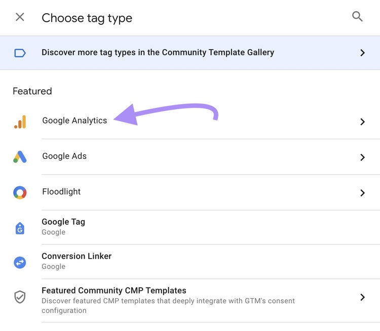 "Google Analytics" seleccionado en el menú "Elegir tipo de etiqueta".