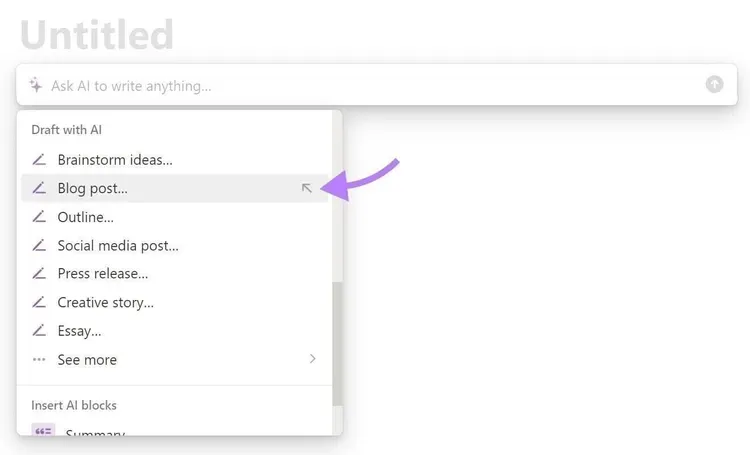 Barra de sugerencias de Notion AI con varias sugerencias
