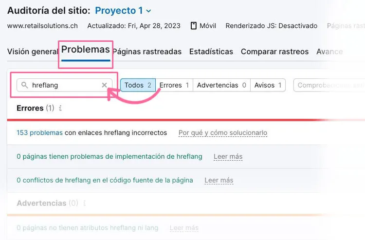 Semrush Site Audit Problemas tab con búsqueda de hreflang y 153 problemas encontrados