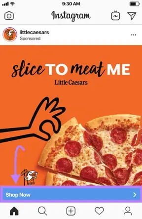 Un anuncio de Instagram con un enlace incrustado en el banner "Comprar ahora