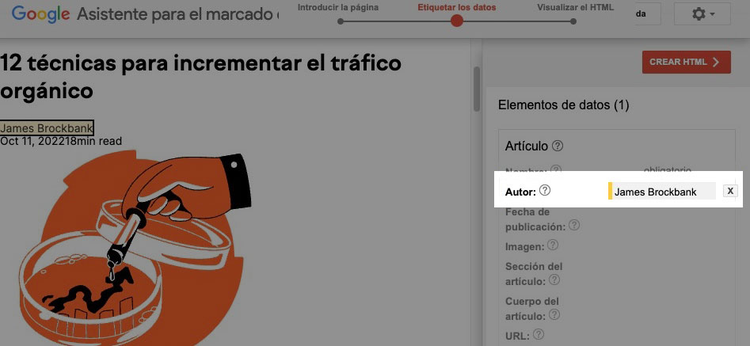Asistente Google markup con campo Autor completado nombre James Brockbank