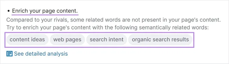 Ejemplo de recomendación "Enriquece el contenido de tu página".