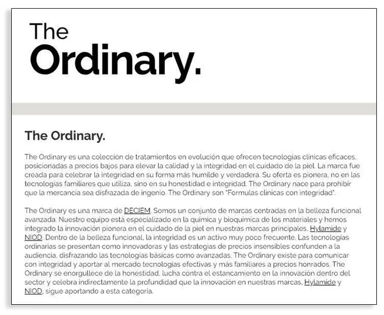 Textos narrativos para empresas - The Ordinary