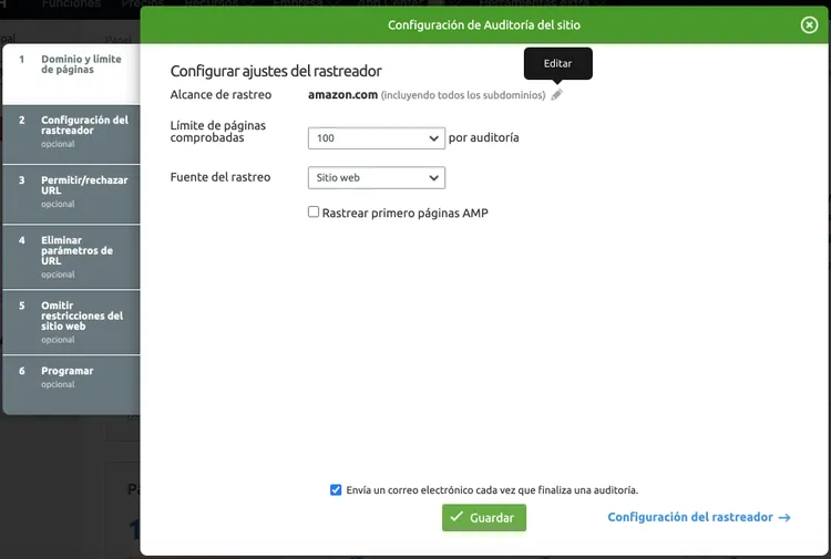 Configuración auditoría sitio paso 1 parámetros